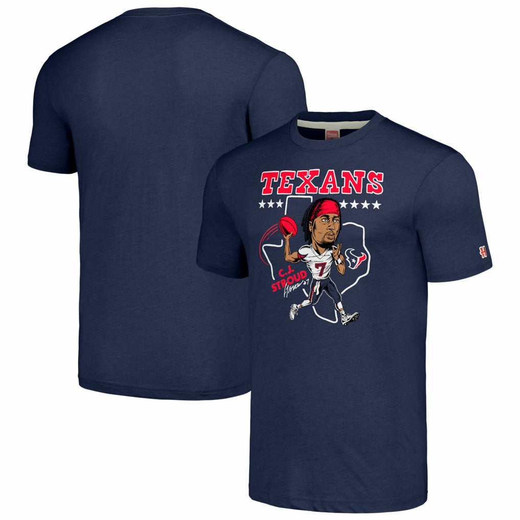 C.J. Stroud Houston Texans Homage Unisex Caricature Player Tri-Blend T-Shirt Navy | NFL