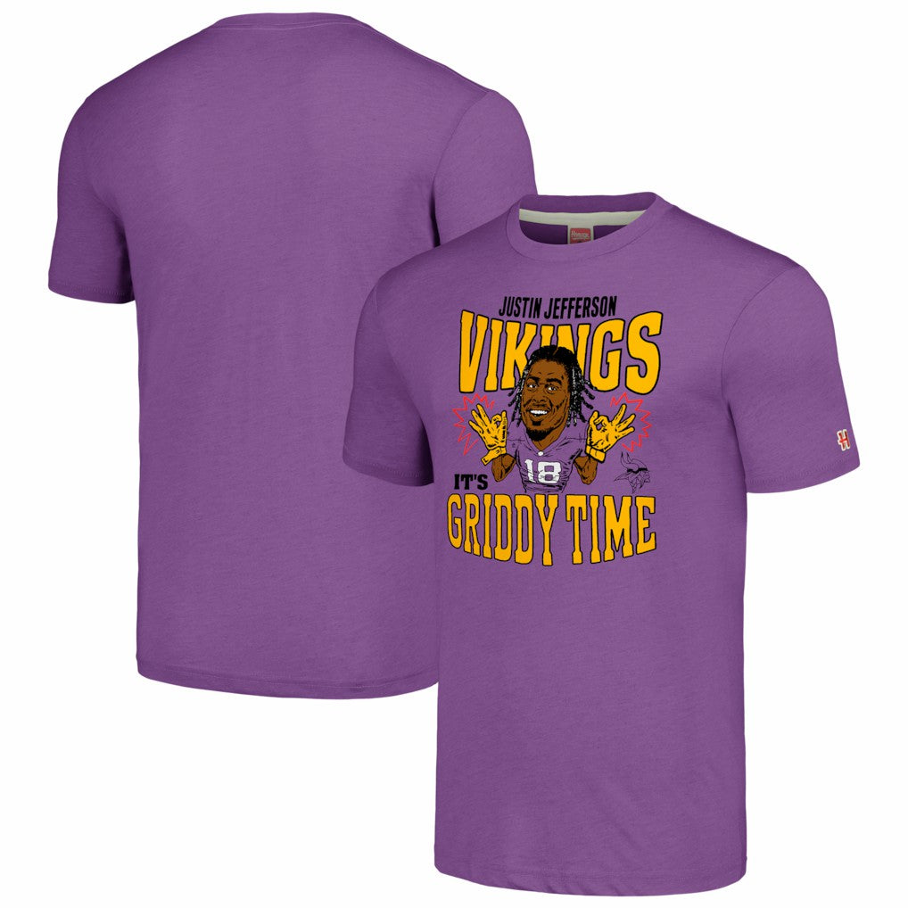 Justin Jefferson Minnesota Vikings Homage Unisex Caricature Player Tri-Blend T-Shirt Heathered Purple | NFL