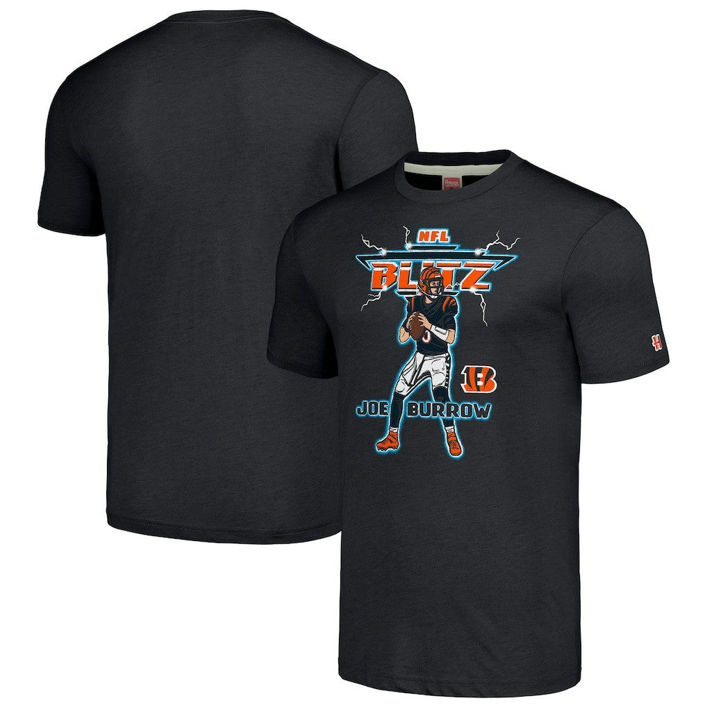 Joe Burrow Cincinnati Bengals Homage Unisex NFL Blitz Player Tri-Blend T-Shirt Heathered Charcoal | NFL