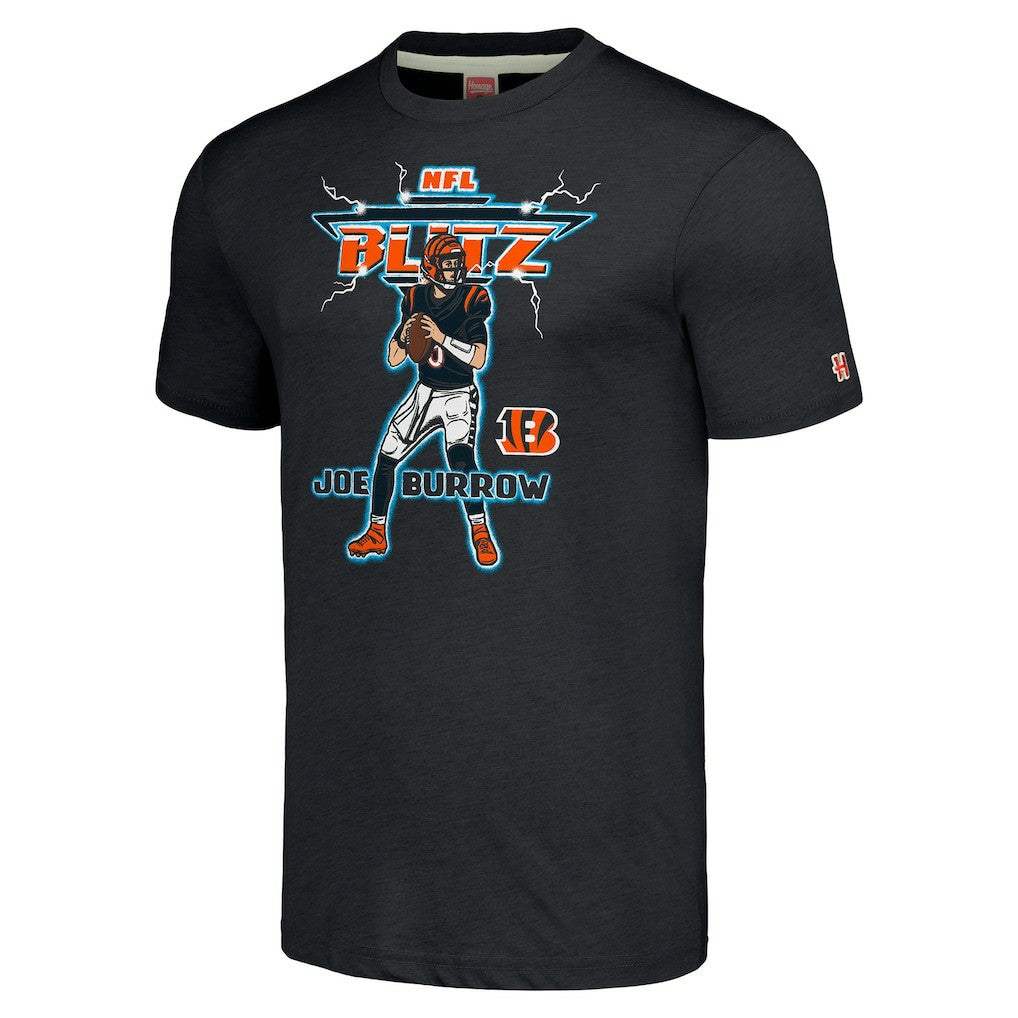 Joe Burrow Cincinnati Bengals Homage Unisex NFL Blitz Player Tri-Blend T-Shirt Heathered Charcoal | NFL