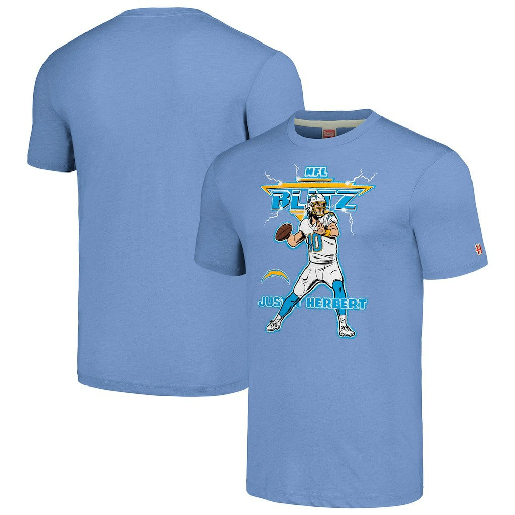 Justin Herbert Los Angeles Chargers Homage Unisex NFL Blitz Player Tri-Blend T-Shirt Heathered Powder Blue | NFL