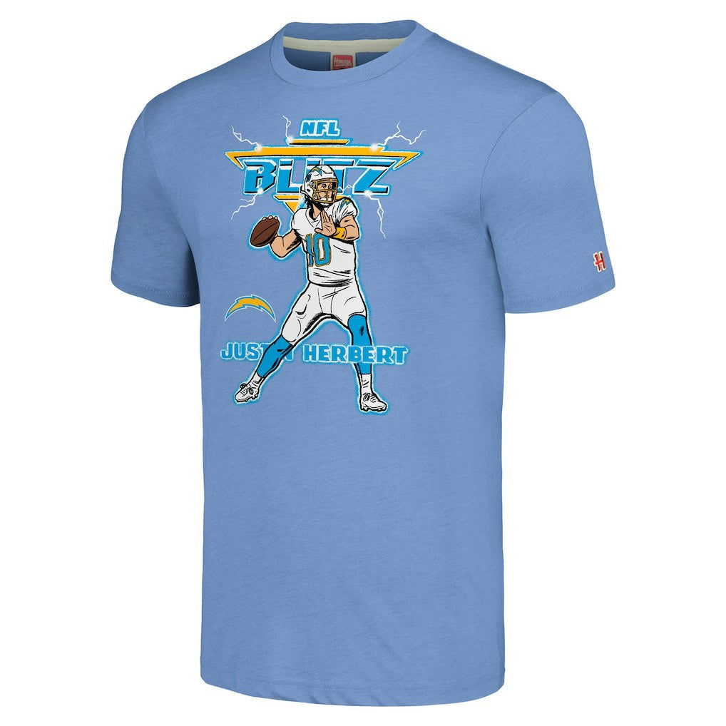 Justin Herbert Los Angeles Chargers Homage Unisex NFL Blitz Player Tri-Blend T-Shirt Heathered Powder Blue | NFL