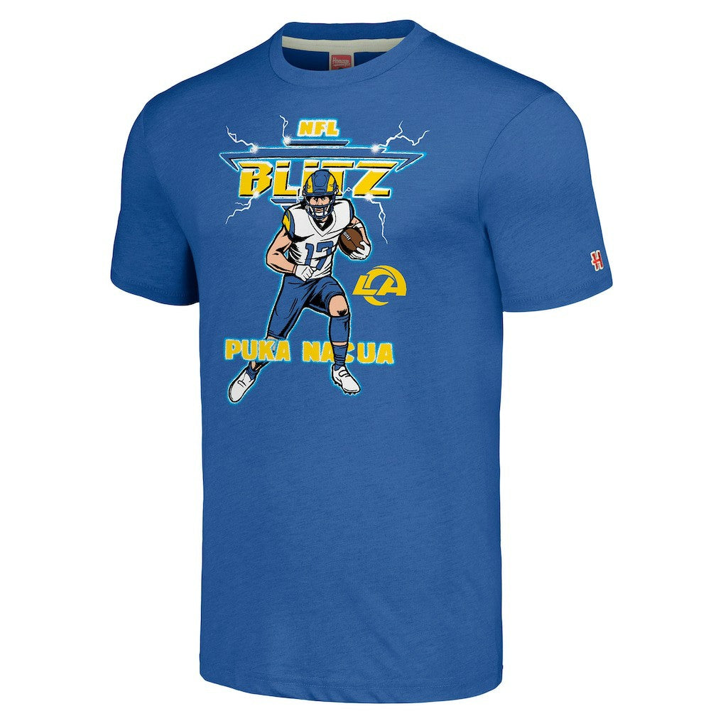 Puka Nacua Los Angeles Rams Homage Unisex NFL Blitz Player Tri-Blend T-Shirt Royal | NFL