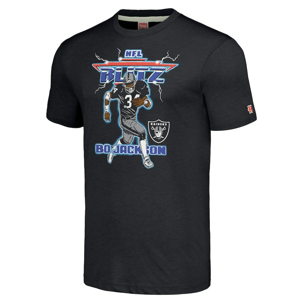 Bo Jackson Las Vegas Raiders Homage Unisex NFL Blitz Retired Player Tri-Blend T-Shirt Heathered Charcoal | NFL