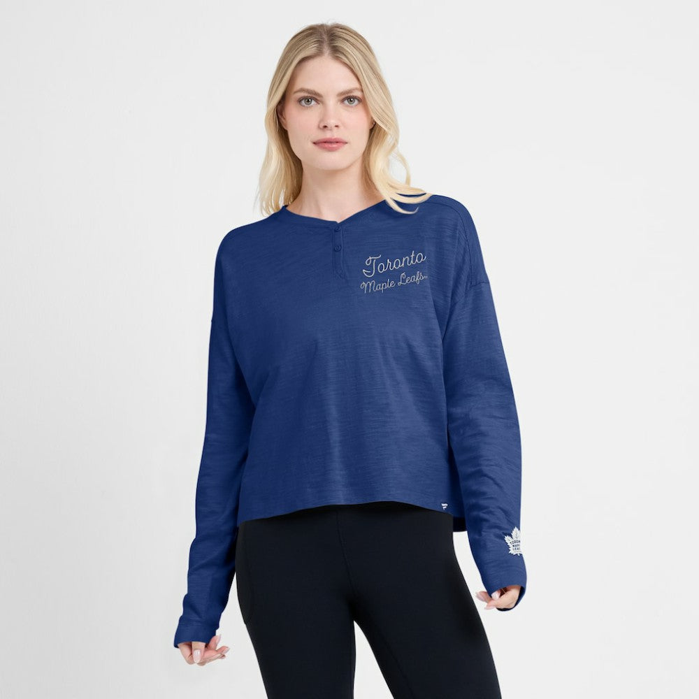 Toronto Maple Leafs Fanatics Women's Oversized All Out Effort Long Sleeve Henley T-Shirt - Blue - NHL