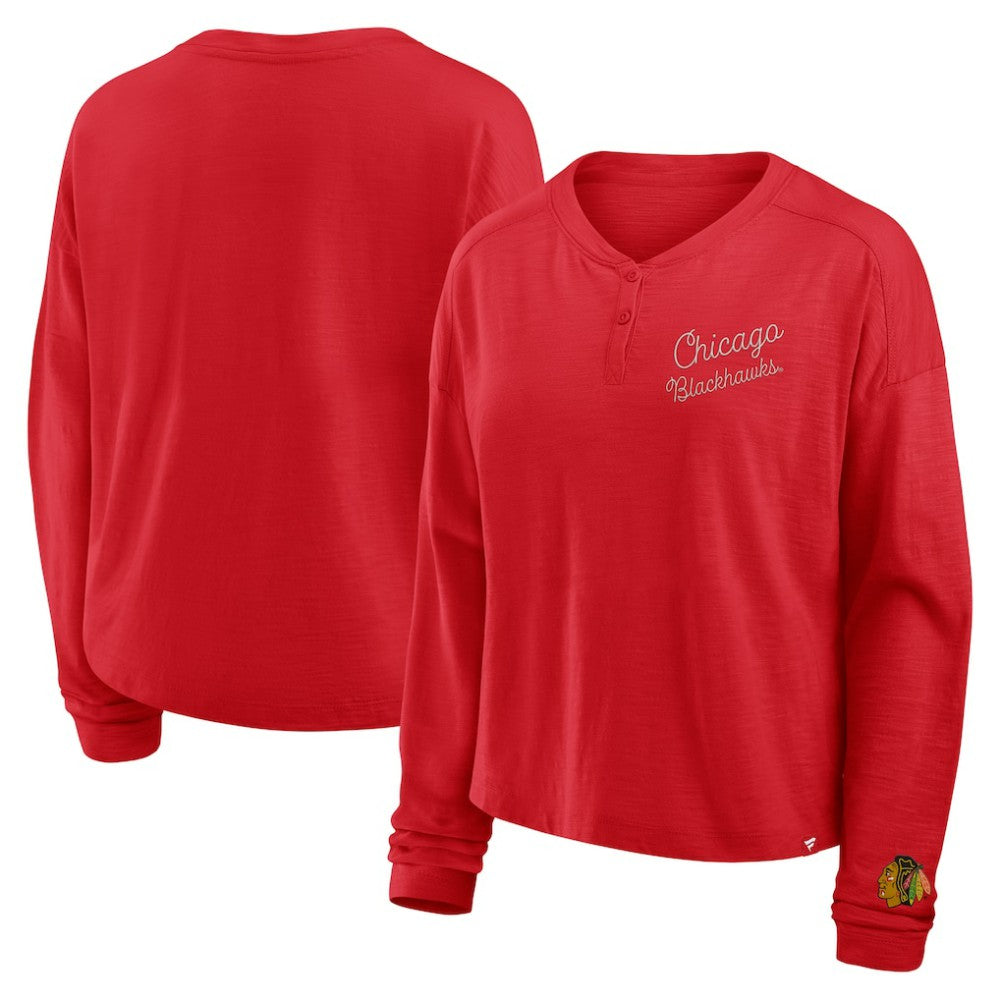 Chicago Blackhawks Fanatics Women's Oversized All Out Effort Long Sleeve Henley T-Shirt - Red - NHL