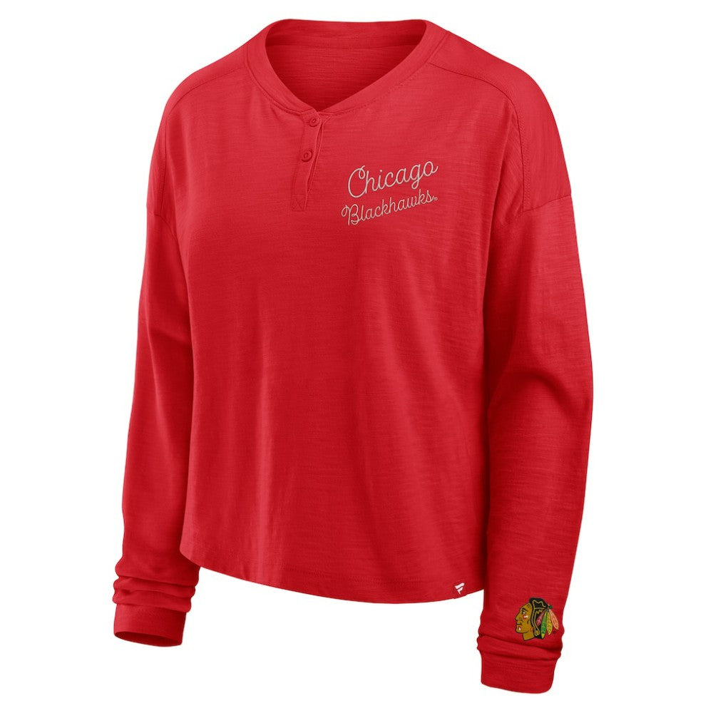 Chicago Blackhawks Fanatics Women's Oversized All Out Effort Long Sleeve Henley T-Shirt - Red - NHL