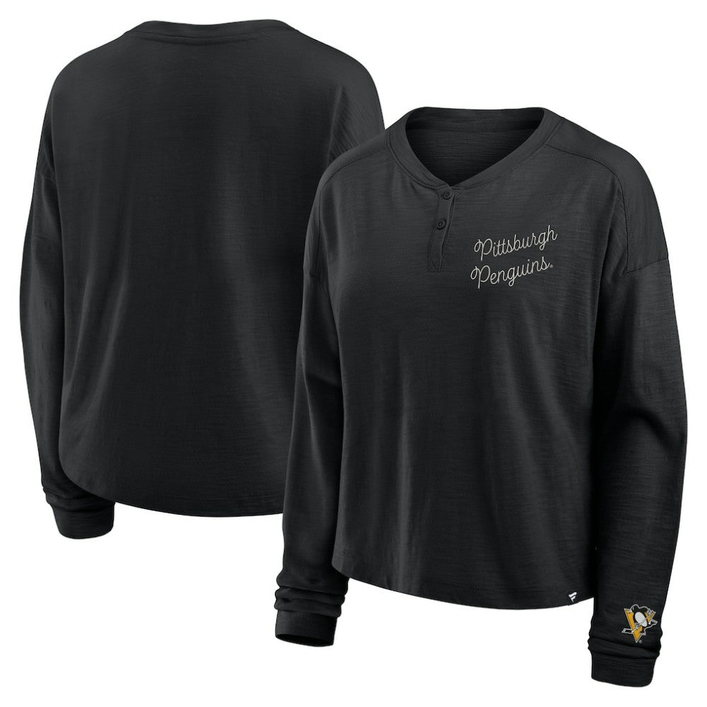 Pittsburgh Penguins Fanatics Women's Oversized All Out Effort Long Sleeve Henley T-Shirt - Black - NHL