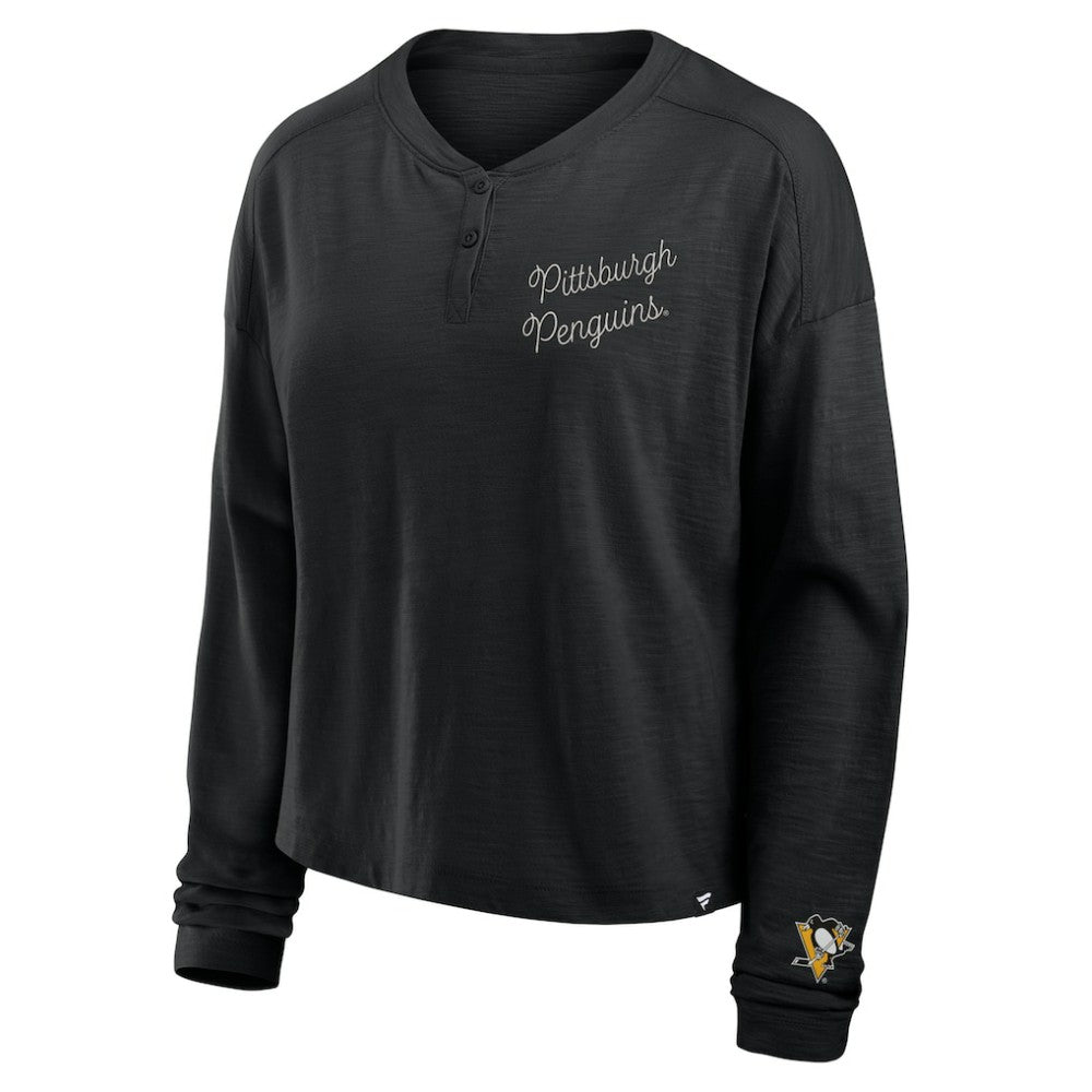 Pittsburgh Penguins Fanatics Women's Oversized All Out Effort Long Sleeve Henley T-Shirt - Black - NHL