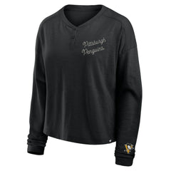Pittsburgh Penguins Fanatics Women's Oversized All Out Effort Long Sleeve Henley T-Shirt - Black - NHL