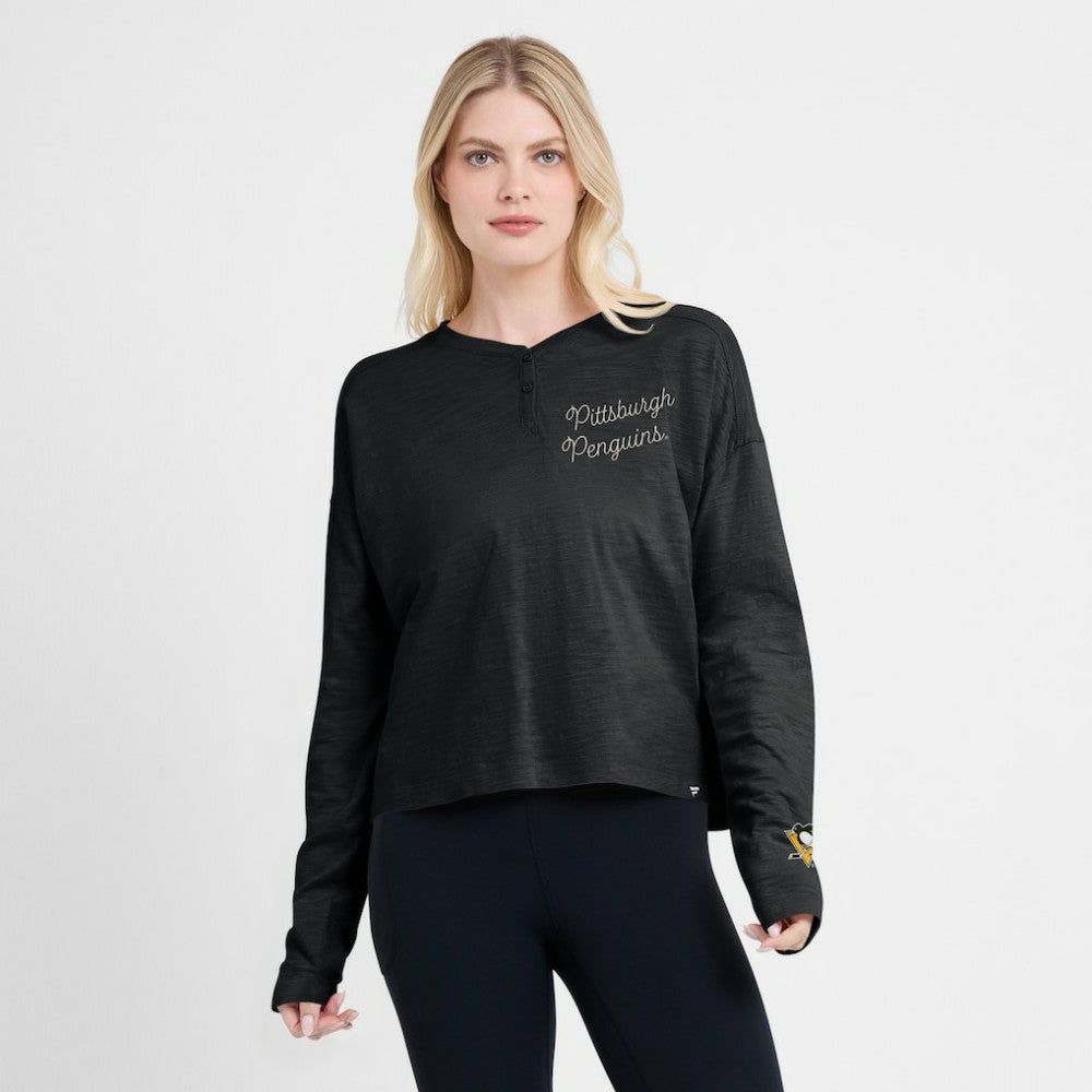 Pittsburgh Penguins Fanatics Women's Oversized All Out Effort Long Sleeve Henley T-Shirt - Black - NHL