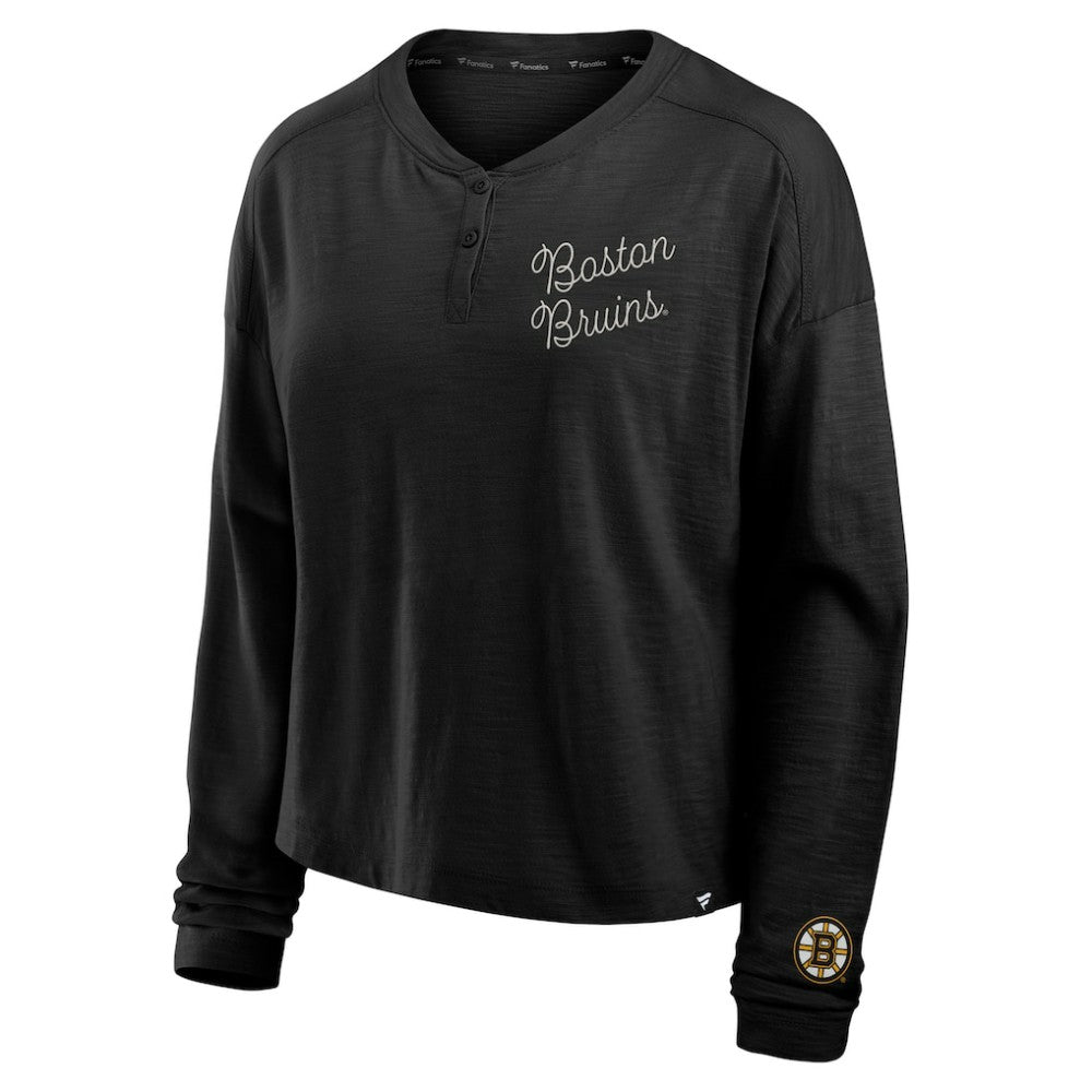 Boston Bruins Fanatics Women's Oversized All Out Effort Long Sleeve Henley T-Shirt - Black - NHL