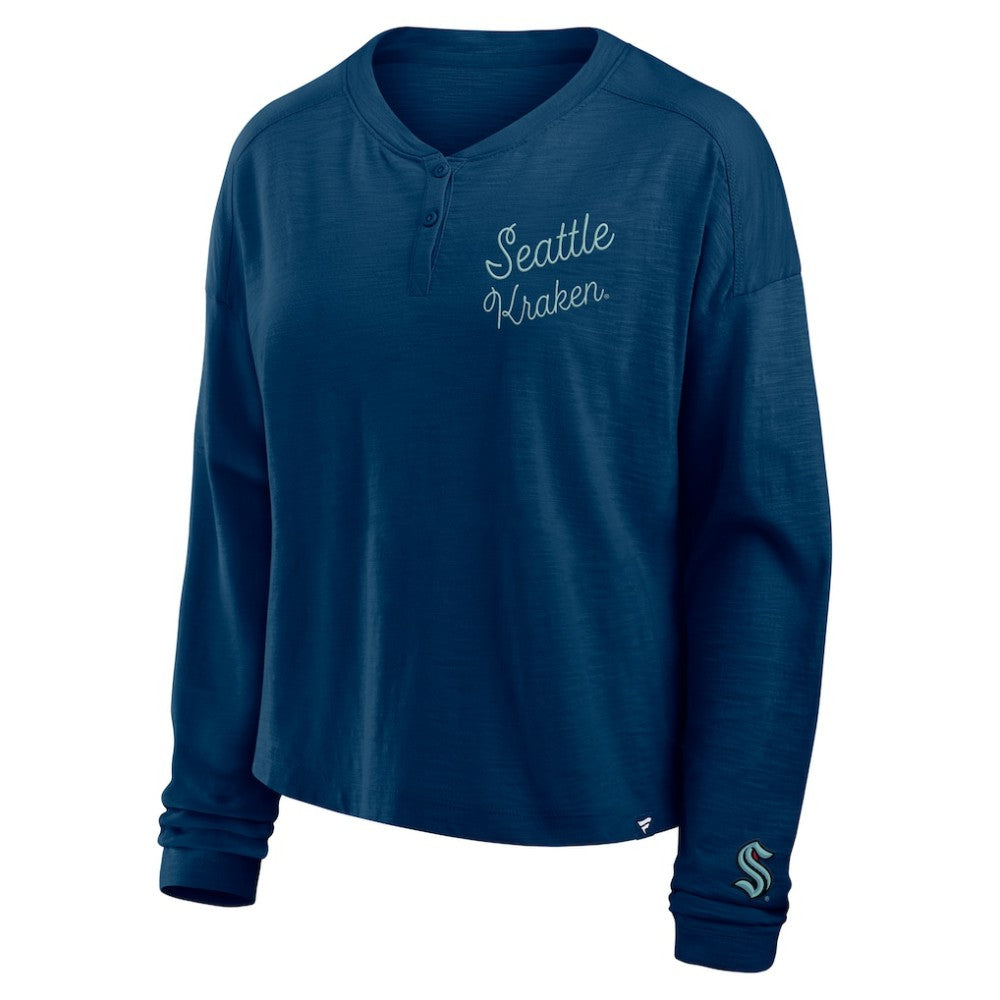 Seattle Kraken Fanatics Women's Oversized All Out Effort Long Sleeve Henley T-Shirt - Deep Sea Blue - NHL