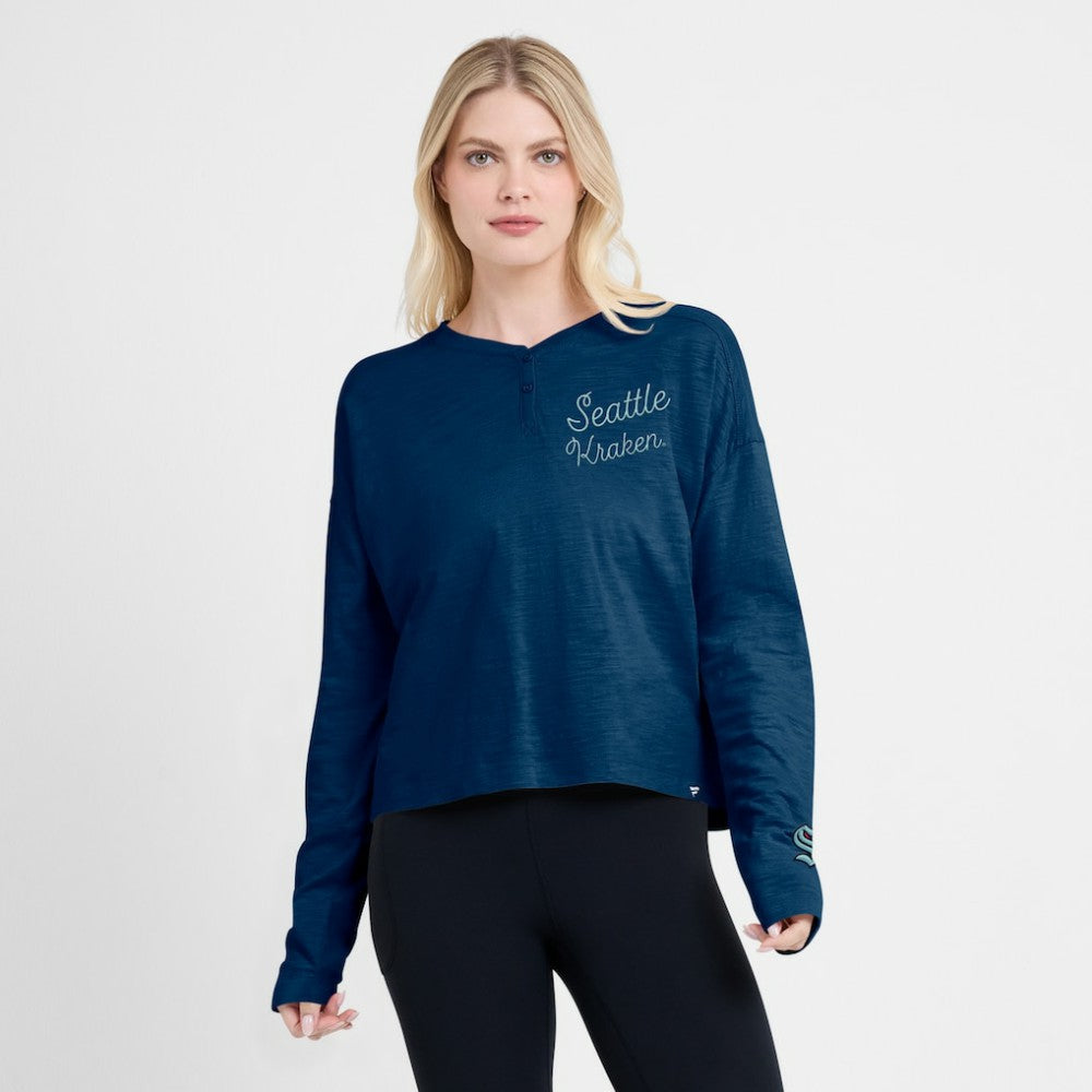 Seattle Kraken Fanatics Women's Oversized All Out Effort Long Sleeve Henley T-Shirt - Deep Sea Blue - NHL