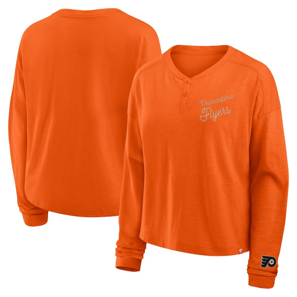 Philadelphia Flyers Fanatics Women's Oversized All Out Effort Long Sleeve Henley T-Shirt - Orange - NHL