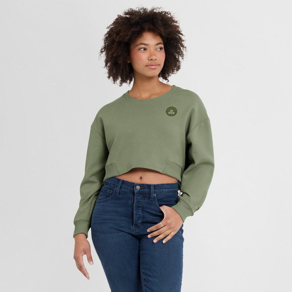Boston Celtics Women's Studio Tri-Blend Cropped Pullover Sweatshirt Olive - NBA