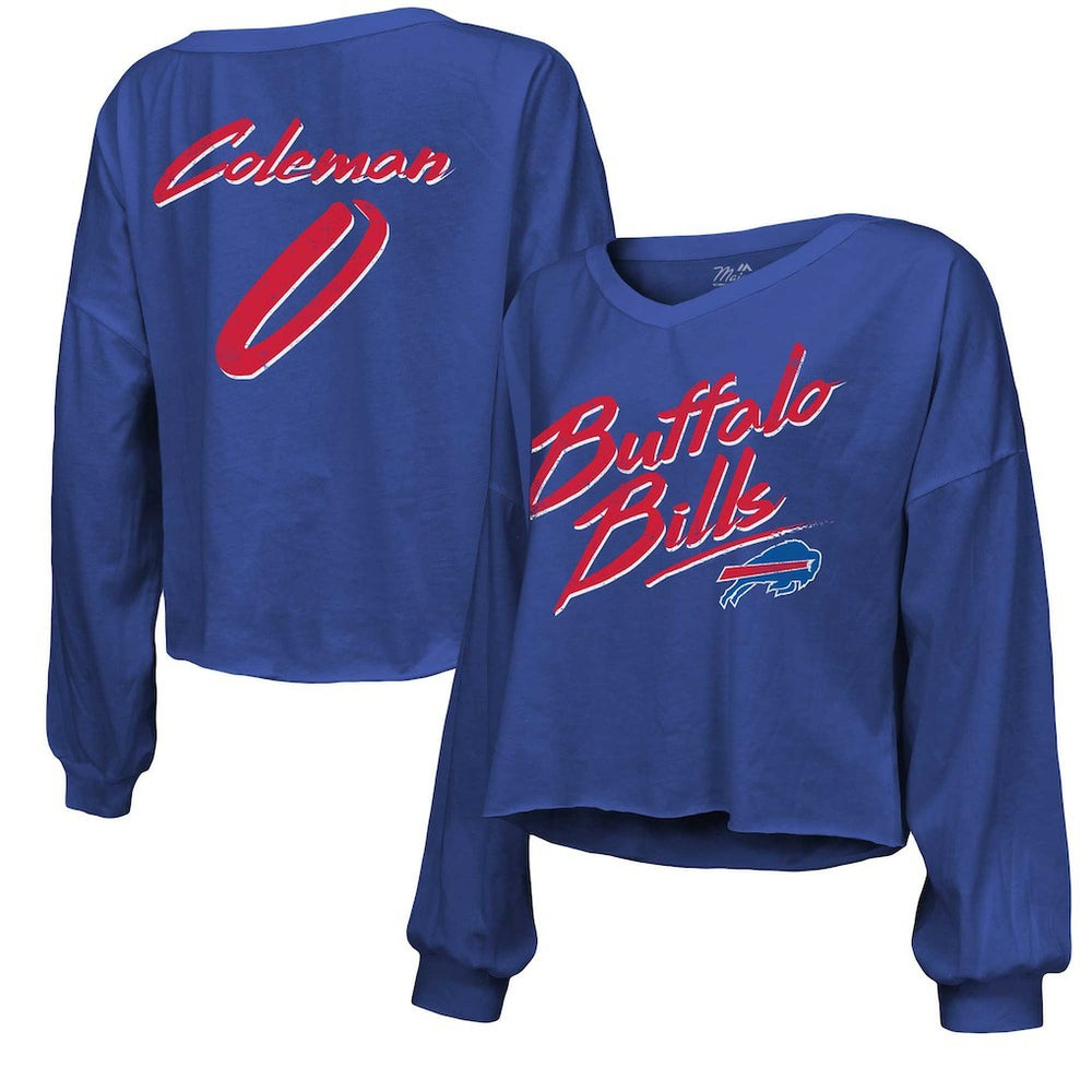 Keon Coleman Buffalo Bills Majestic Threads Women's Name & Number Off-Shoulder Script Cropped Long Sleeve V-Neck T-Shirt Royal | NFL