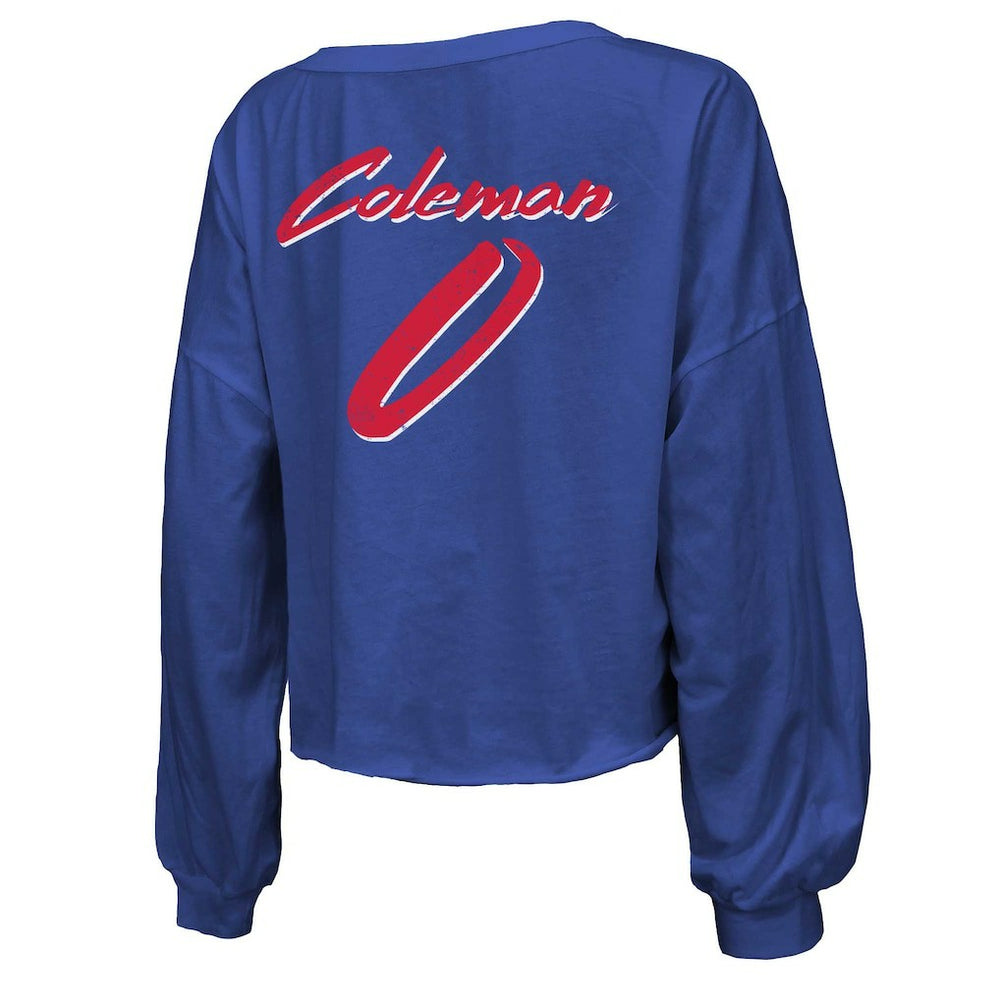 Keon Coleman Buffalo Bills Majestic Threads Women's Name & Number Off-Shoulder Script Cropped Long Sleeve V-Neck T-Shirt Royal | NFL