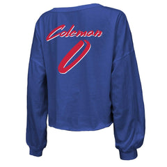 Keon Coleman Buffalo Bills Majestic Threads Women's Name & Number Off-Shoulder Script Cropped Long Sleeve V-Neck T-Shirt Royal | NFL