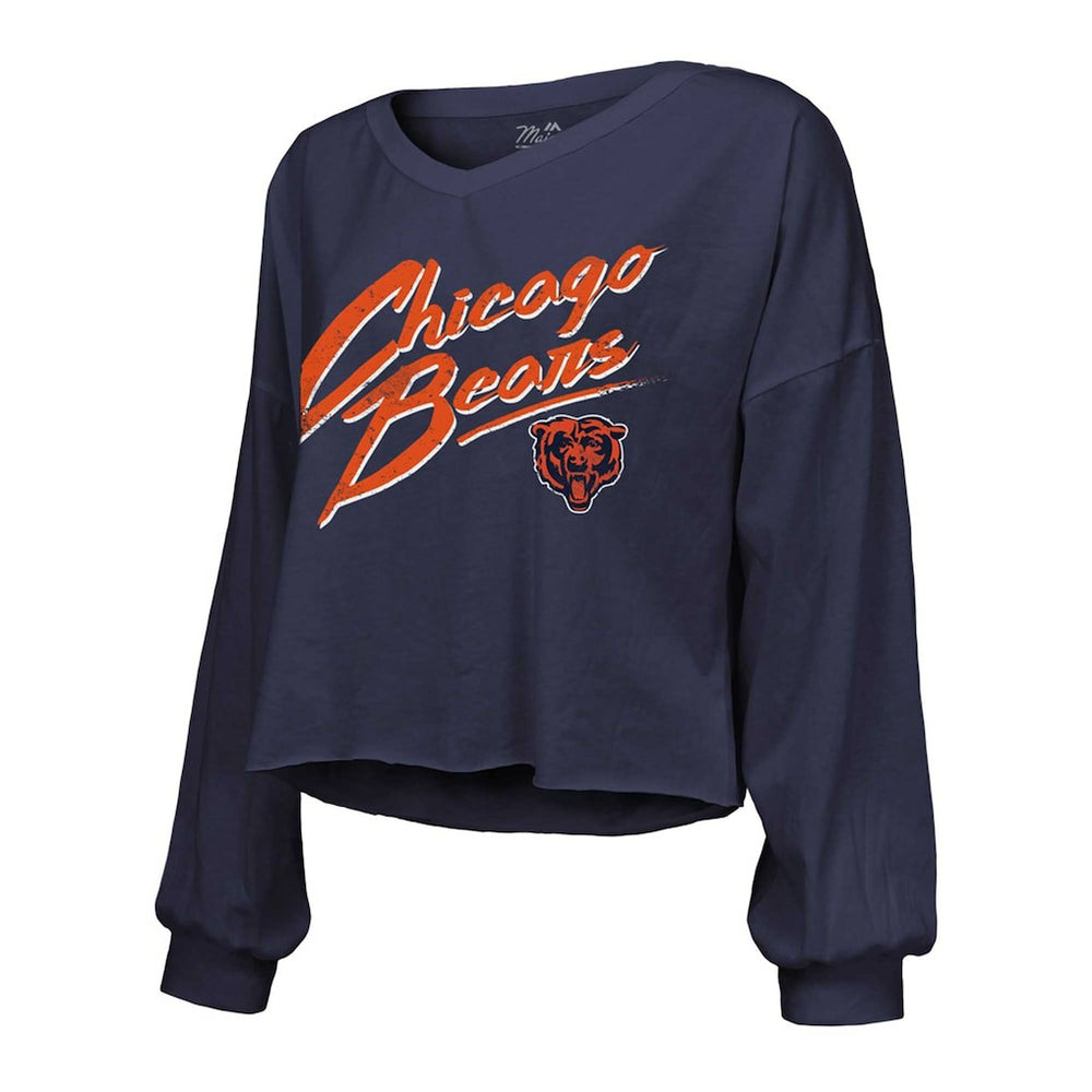 Caleb Williams Chicago Bears Majestic Threads Women's Name & Number Off-Shoulder Script Cropped Long Sleeve Relaxed V-Neck T-Shirt Navy | NFL