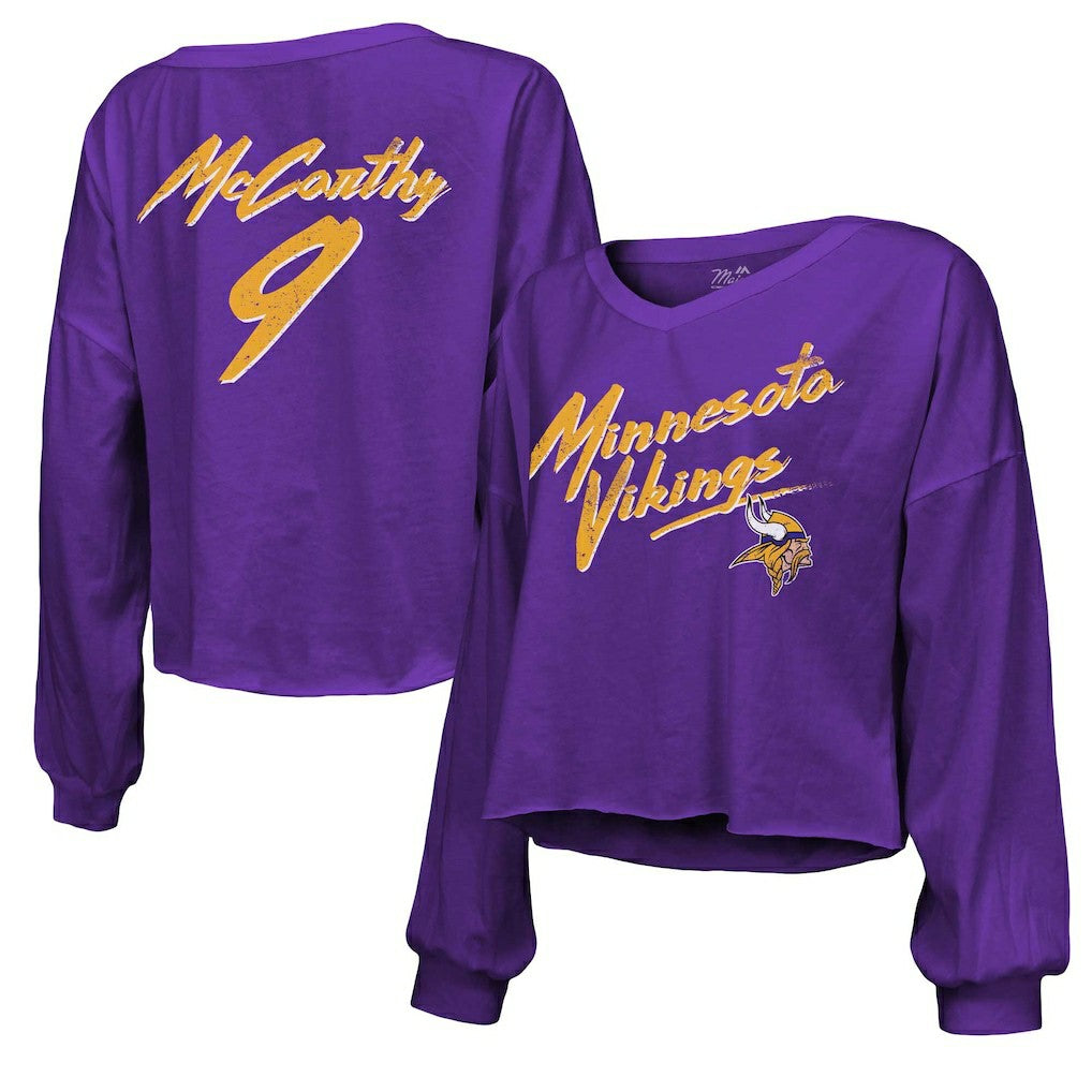 J.J. McCarthy Minnesota Vikings Majestic Threads Women's Name & Number Off-Shoulder Script Cropped Long Sleeve V-Neck T-Shirt Purple | NFL