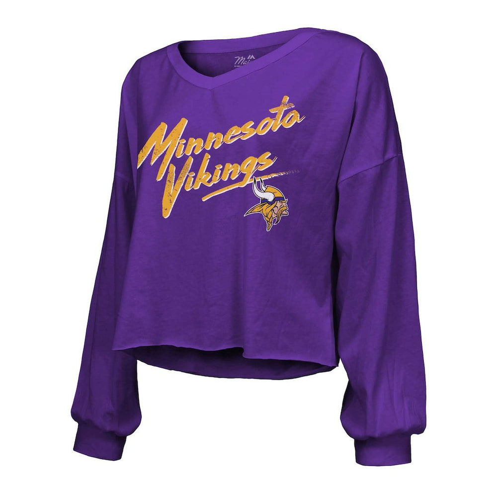 J.J. McCarthy Minnesota Vikings Majestic Threads Women's Name & Number Off-Shoulder Script Cropped Long Sleeve V-Neck T-Shirt Purple | NFL