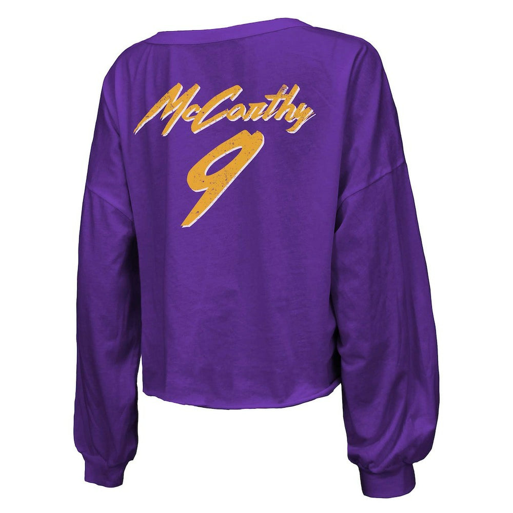 J.J. McCarthy Minnesota Vikings Majestic Threads Women's Name & Number Off-Shoulder Script Cropped Long Sleeve V-Neck T-Shirt Purple | NFL