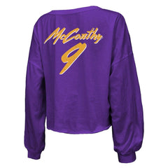 J.J. McCarthy Minnesota Vikings Majestic Threads Women's Name & Number Off-Shoulder Script Cropped Long Sleeve V-Neck T-Shirt Purple | NFL