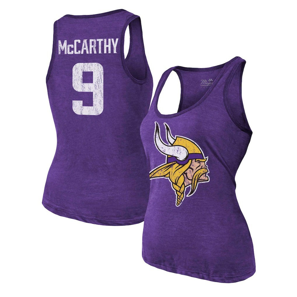 J.J. McCarthy Minnesota Vikings Majestic Threads Women's Name & Number Tri-Blend Scoop Neck Tank Top Purple | NFL