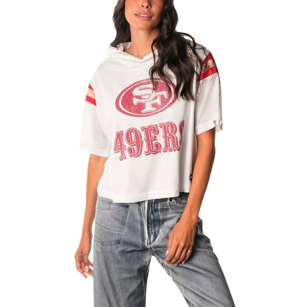 San Francisco 49ers The Wild Collective Women's Mesh Short Sleeve Hoodie T-Shirt White | NFL