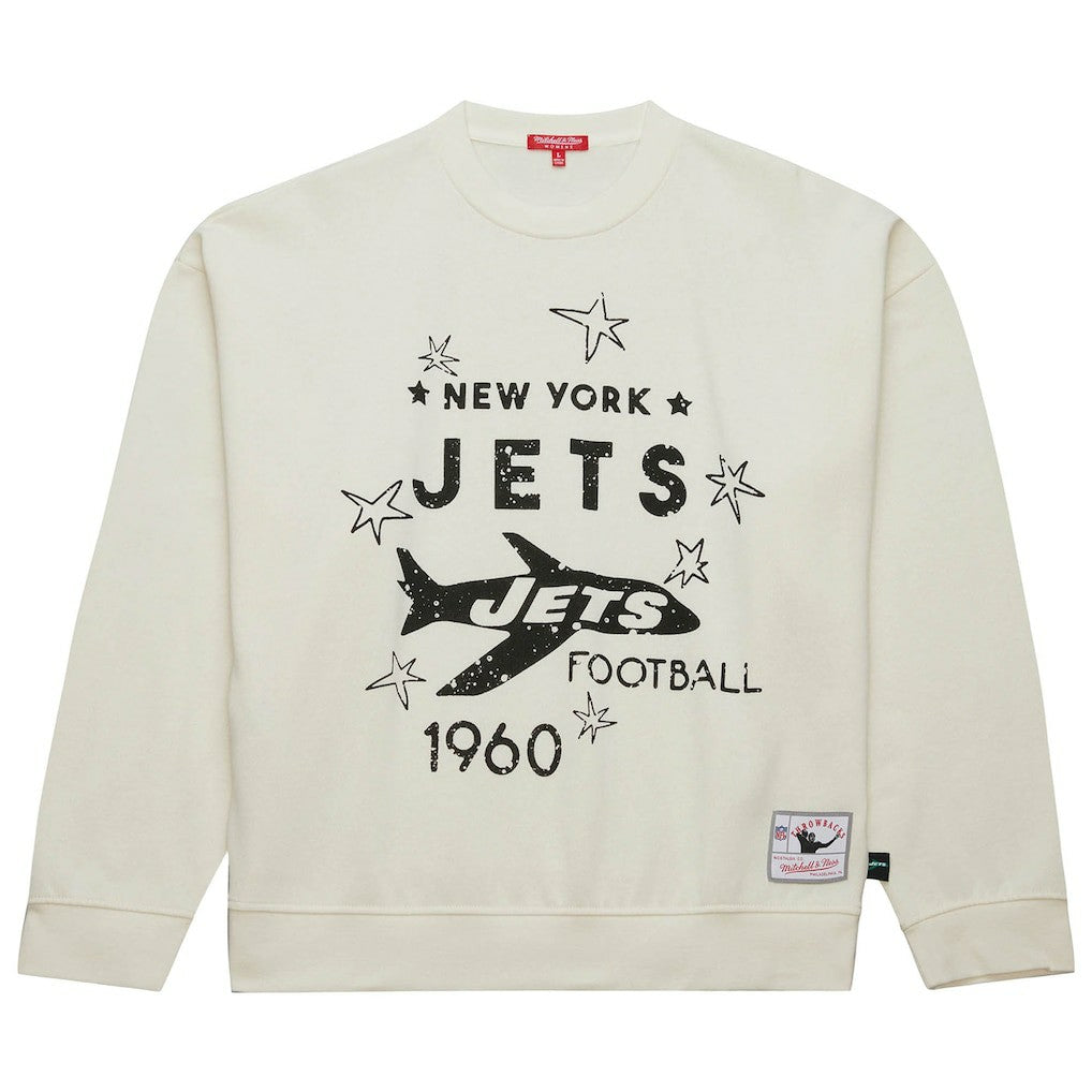 New York Jets Women's Throwback Logo 3.0 Pullover Sweatshirt Cream | Mitchell & Ness