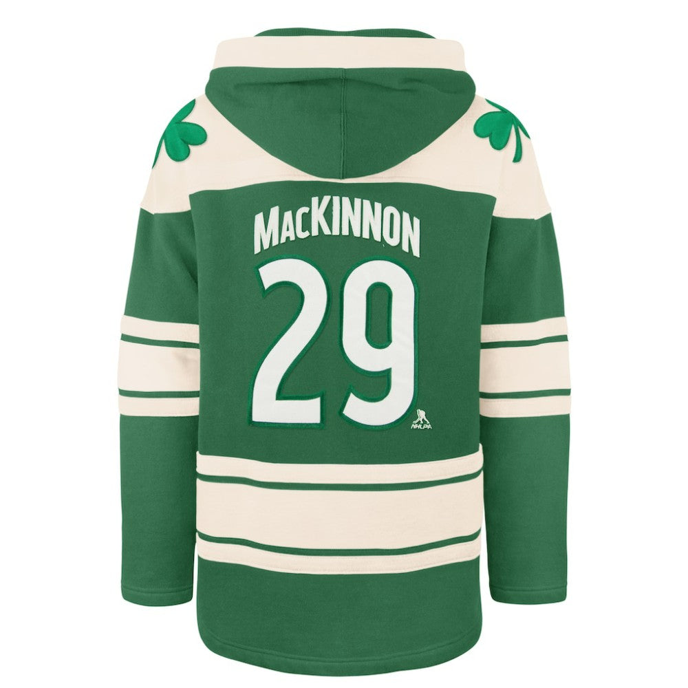 Nathan MacKinnon Colorado Avalanche '47 St. Patrick's Day Player Name & Number Lacer Pullover Hoodie - Kelly Green - NHL