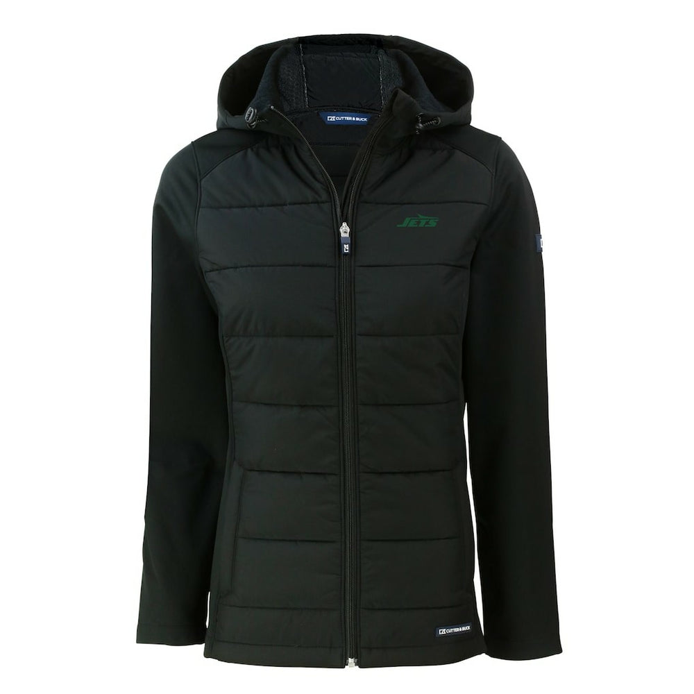New York Jets Cutter & Buck Women's Primary Logo Evoke Hybrid Eco Softshell Recycled Full-Zip Hoodie Jacket Black | NFL