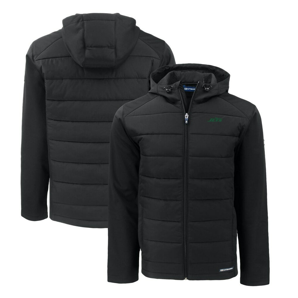 New York Jets Cutter & Buck Primary Logo Evoke Hybrid Eco Softshell Recycled Full-Zip Hooded Jacket Black | NFL