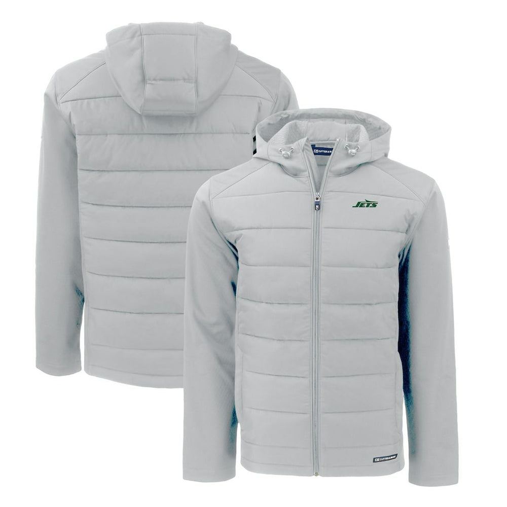 New York Jets Cutter & Buck Primary Logo Evoke Hybrid Eco Softshell Recycled Full-Zip Hooded Jacket Gray | NFL