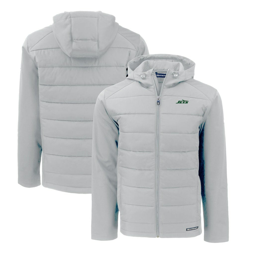 New York Jets Cutter & Buck Primary Logo Evoke Hybrid Eco Softshell Recycled Full-Zip Hooded Jacket Gray | NFL