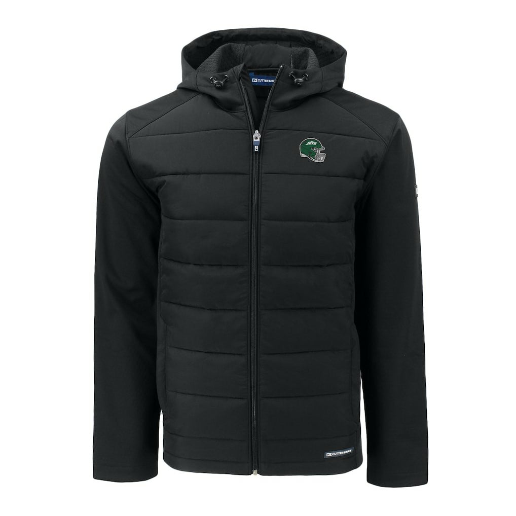 New York Jets Cutter & Buck Big & Tall Helmet Evoke Hybrid Eco Softshell Recycled Full-Zip Hoodie Jacket Black | NFL