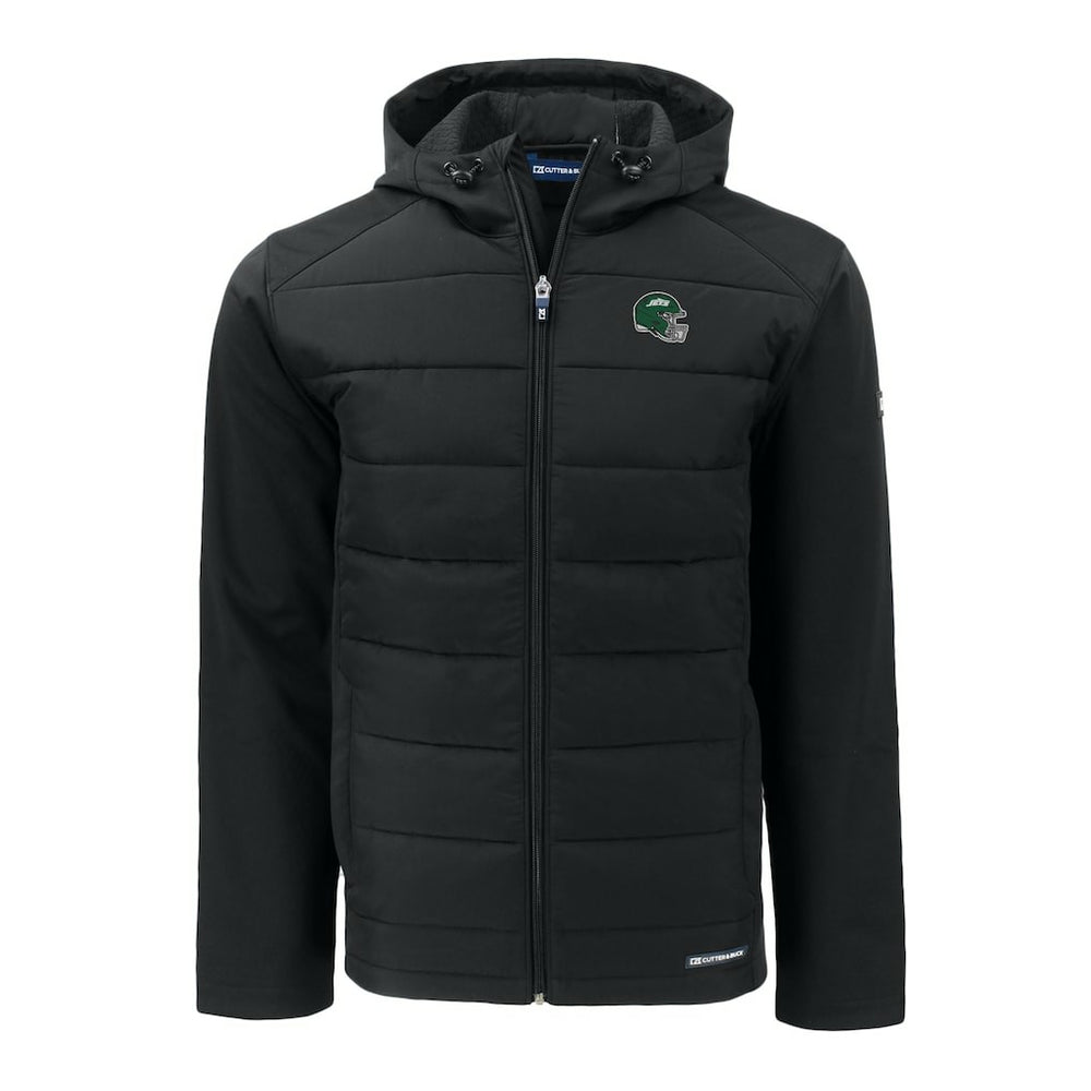 New York Jets Cutter & Buck Big & Tall Helmet Evoke Hybrid Eco Softshell Recycled Full-Zip Hoodie Jacket Black | NFL