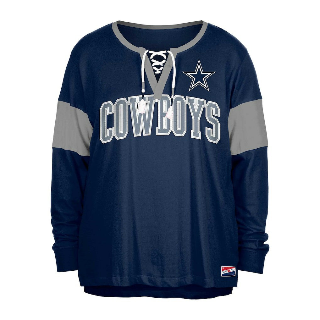 Dallas Cowboys New Era Women's Plus Size Lace-Up Notch Neck Long Sleeve T-Shirt  Navy | NFL