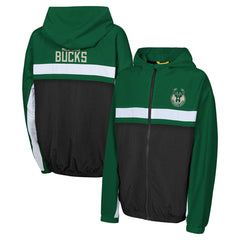 Milwaukee Bucks Youth Headliner Windbreaker Full-Zip Hoodie Jacket Hunter Green - NBA