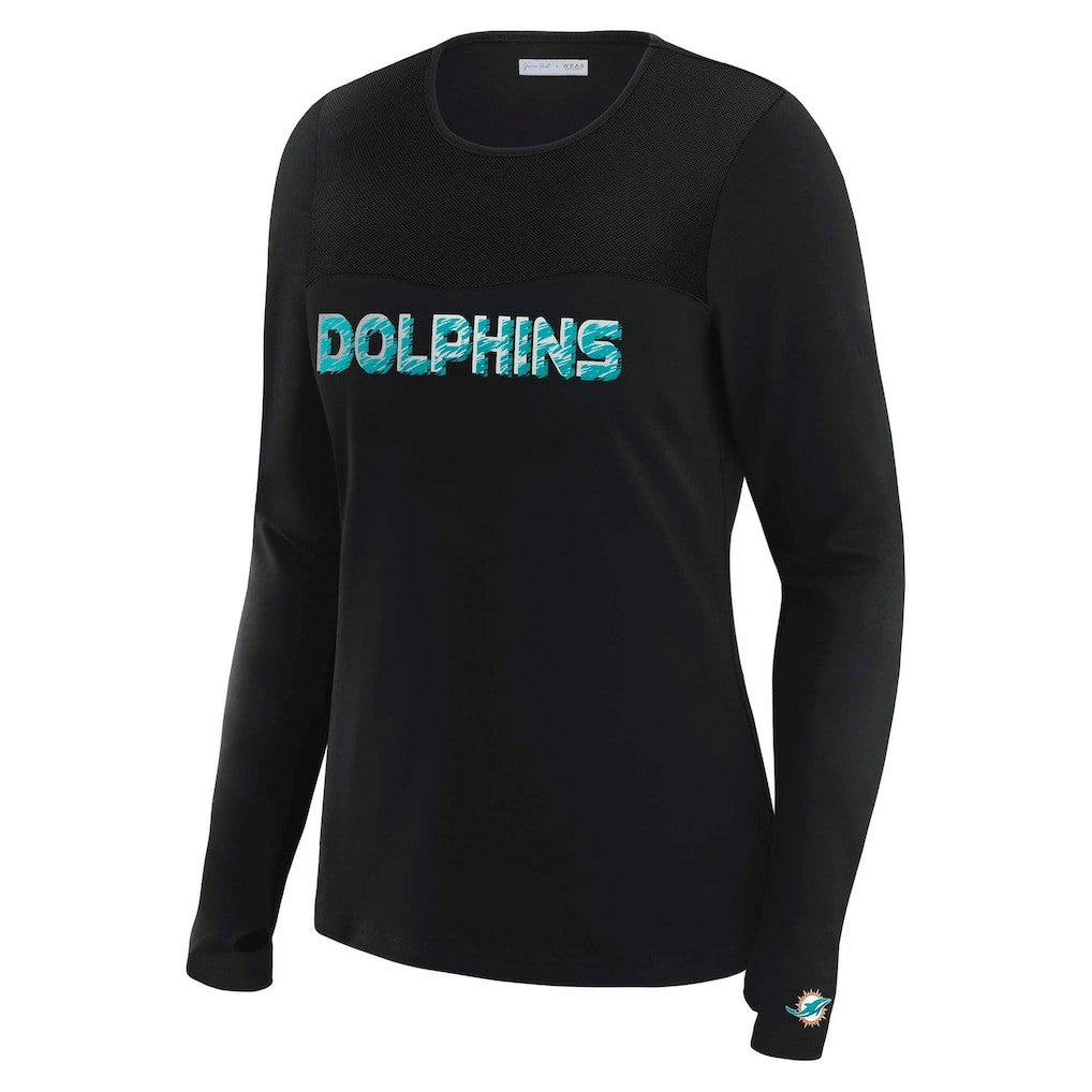 Miami Dolphins WEAR by Erin Andrews x Gracie Hunt Women's Mesh Panel Long Sleeve T-Shirt Black | NFL
