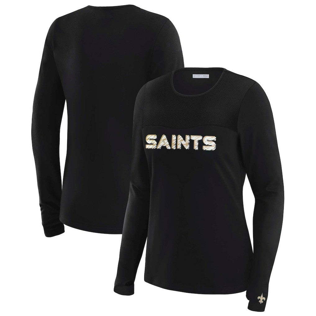 New Orleans Saints WEAR by Erin Andrews x Gracie Hunt Women's Mesh Panel Long Sleeve T-Shirt Black | NFL