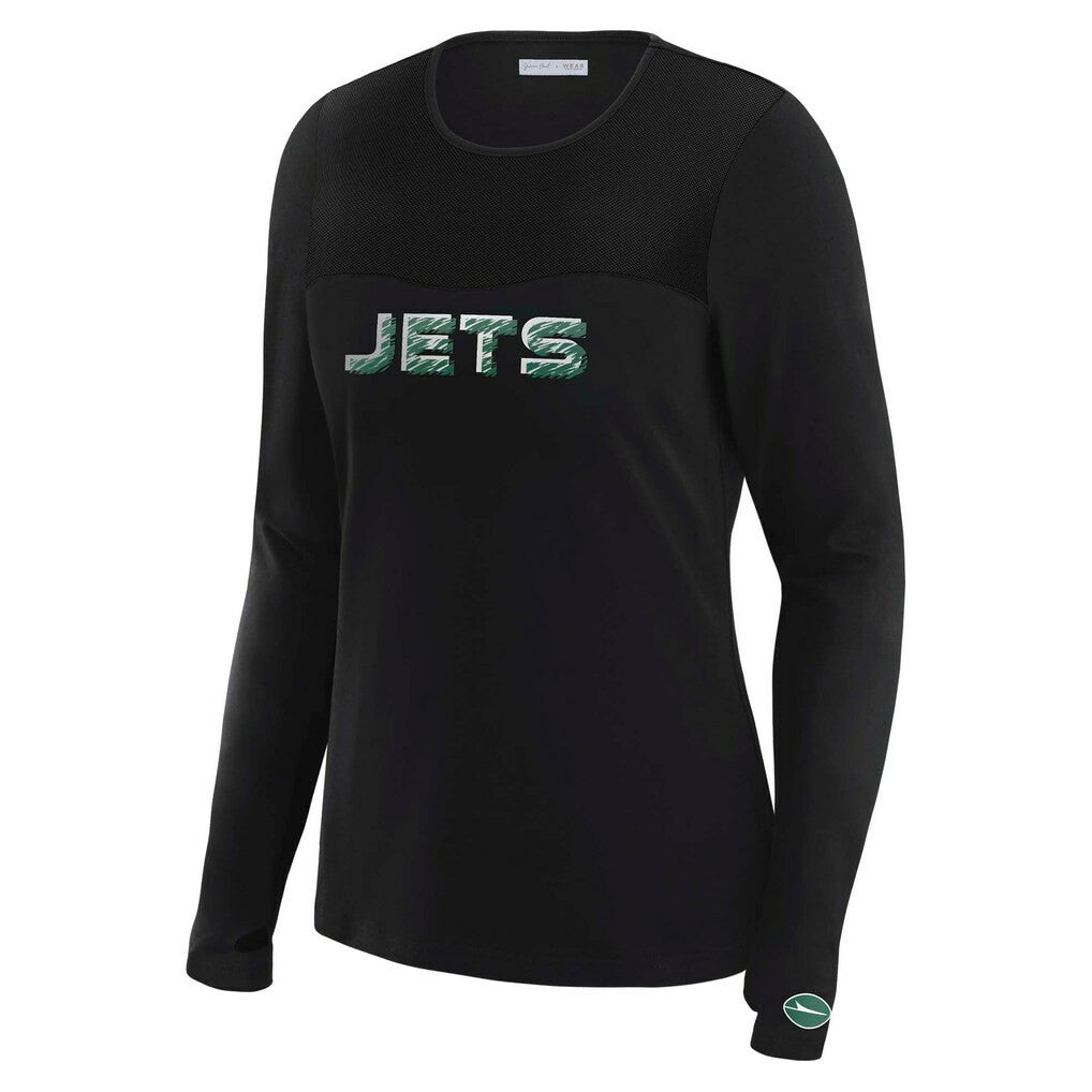 New York Jets WEAR by Erin Andrews x Gracie Hunt Women's Mesh Panel Long Sleeve T-Shirt Black | NFL