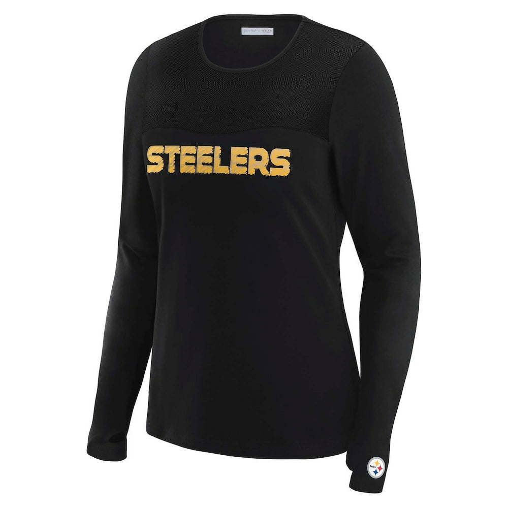 Pittsburgh Steelers WEAR by Erin Andrews x Gracie Hunt Women's Mesh Panel Long Sleeve T-Shirt Black | NFL
