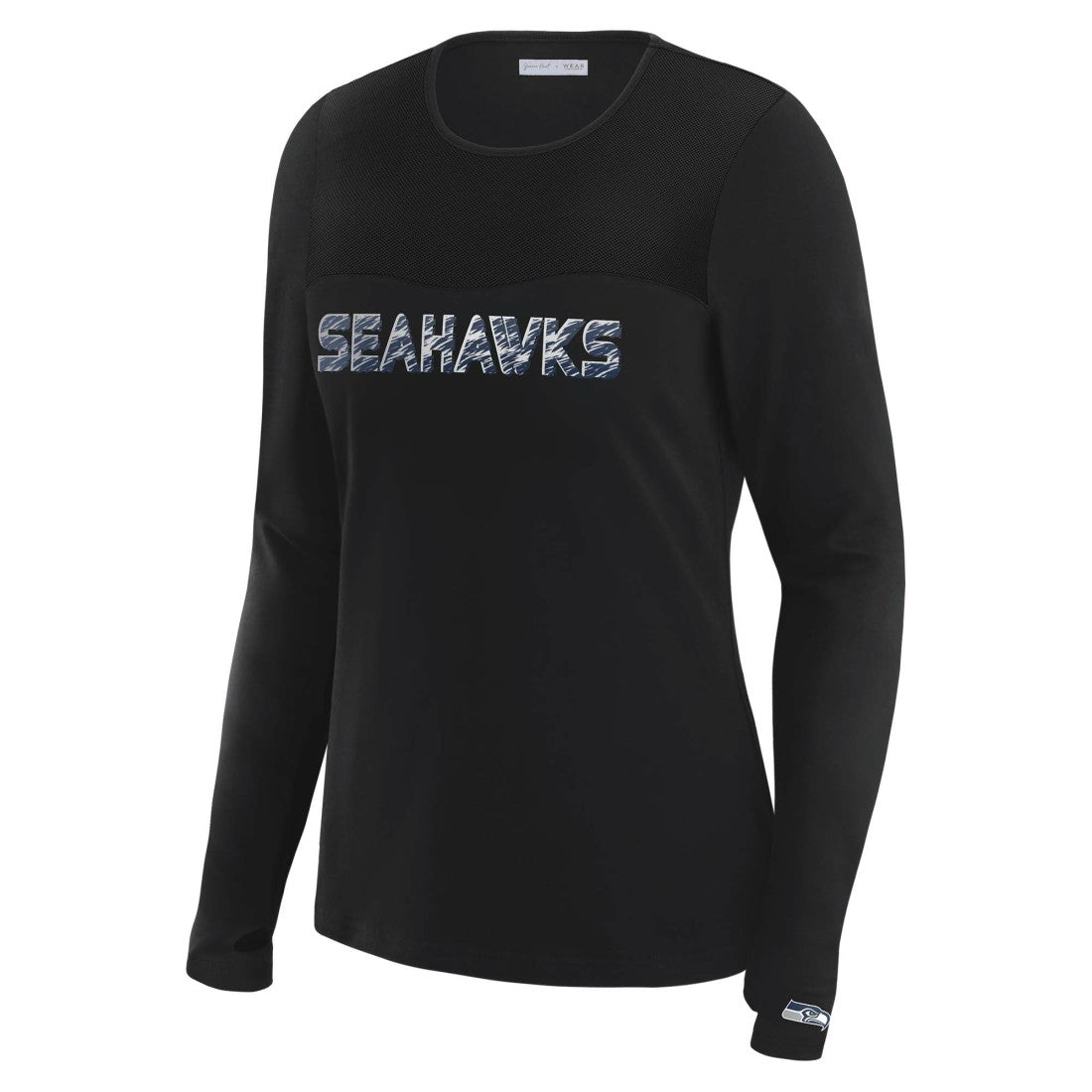 Seattle Seahawks WEAR by Erin Andrews x Gracie Hunt Women's Mesh Panel Long Sleeve T-Shirt Black | NFL