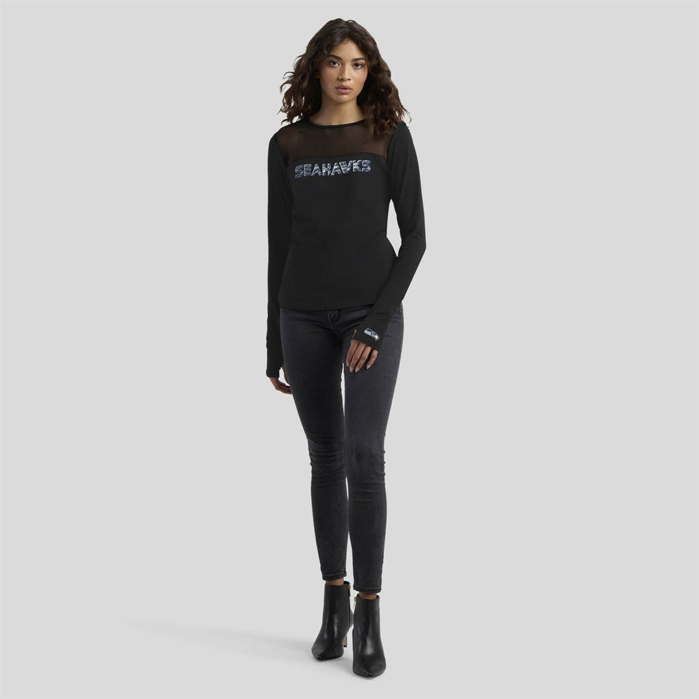 Seattle Seahawks WEAR by Erin Andrews x Gracie Hunt Women's Mesh Panel Long Sleeve T-Shirt Black | NFL