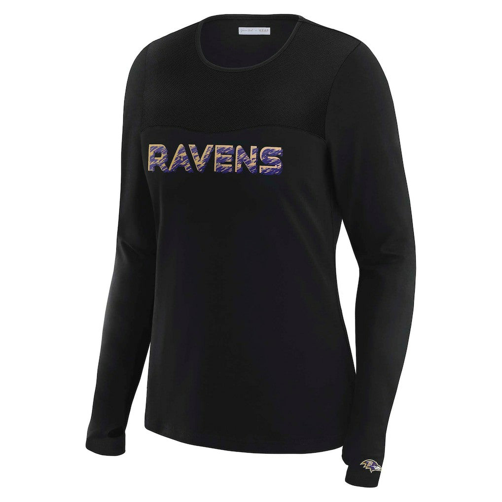 Baltimore Ravens WEAR by Erin Andrews x Gracie Hunt Women's Mesh Panel Long Sleeve T-Shirt Black | NFL
