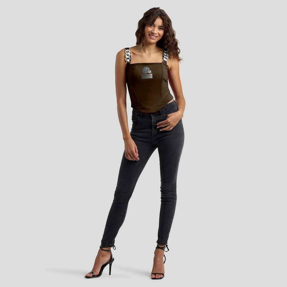 Cleveland Browns WEAR by Erin Andrews x Gracie Hunt Women's Chain Link Corset Top Brown | NFL