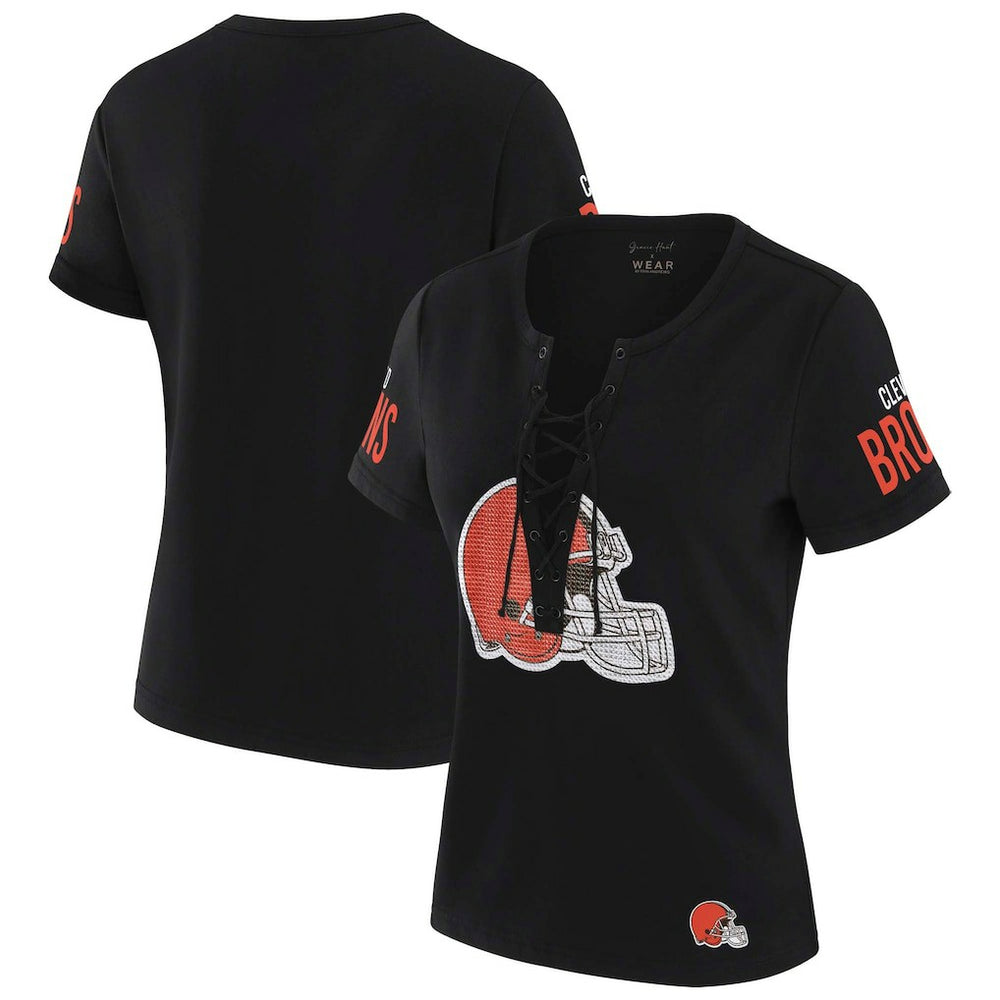 Cleveland Browns WEAR by Erin Andrews x Gracie Hunt Women's Draft Me Lace-Up T-Shirt Black | NFL