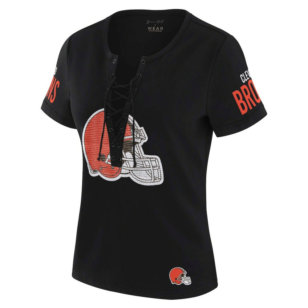 Cleveland Browns WEAR by Erin Andrews x Gracie Hunt Women's Draft Me Lace-Up T-Shirt Black | NFL